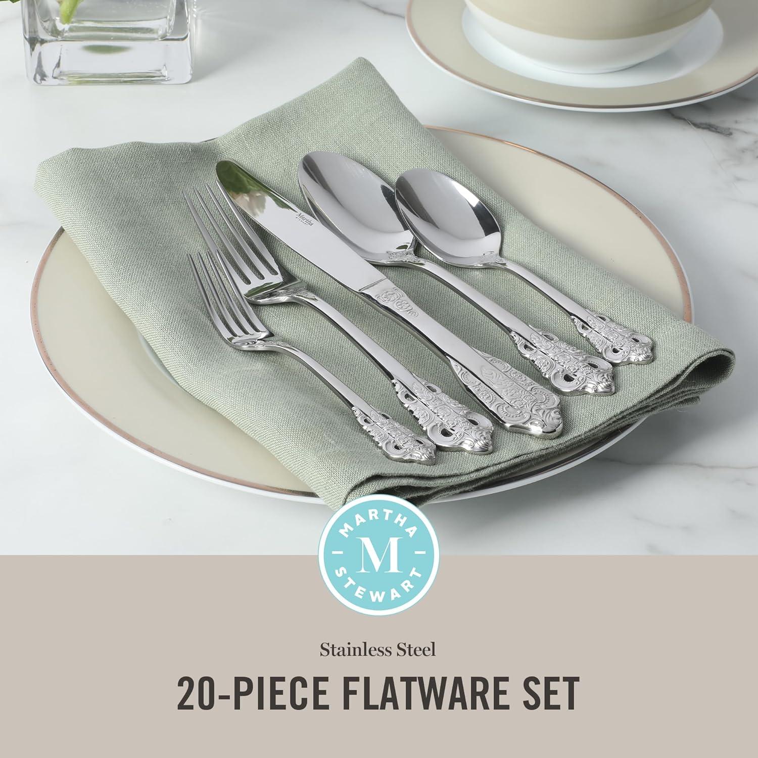 imageMartha Stewart Watercliffe 16 pc Flatware Set Stainless Steel wABS Handle Warm GreyPerrine Mirror Polish