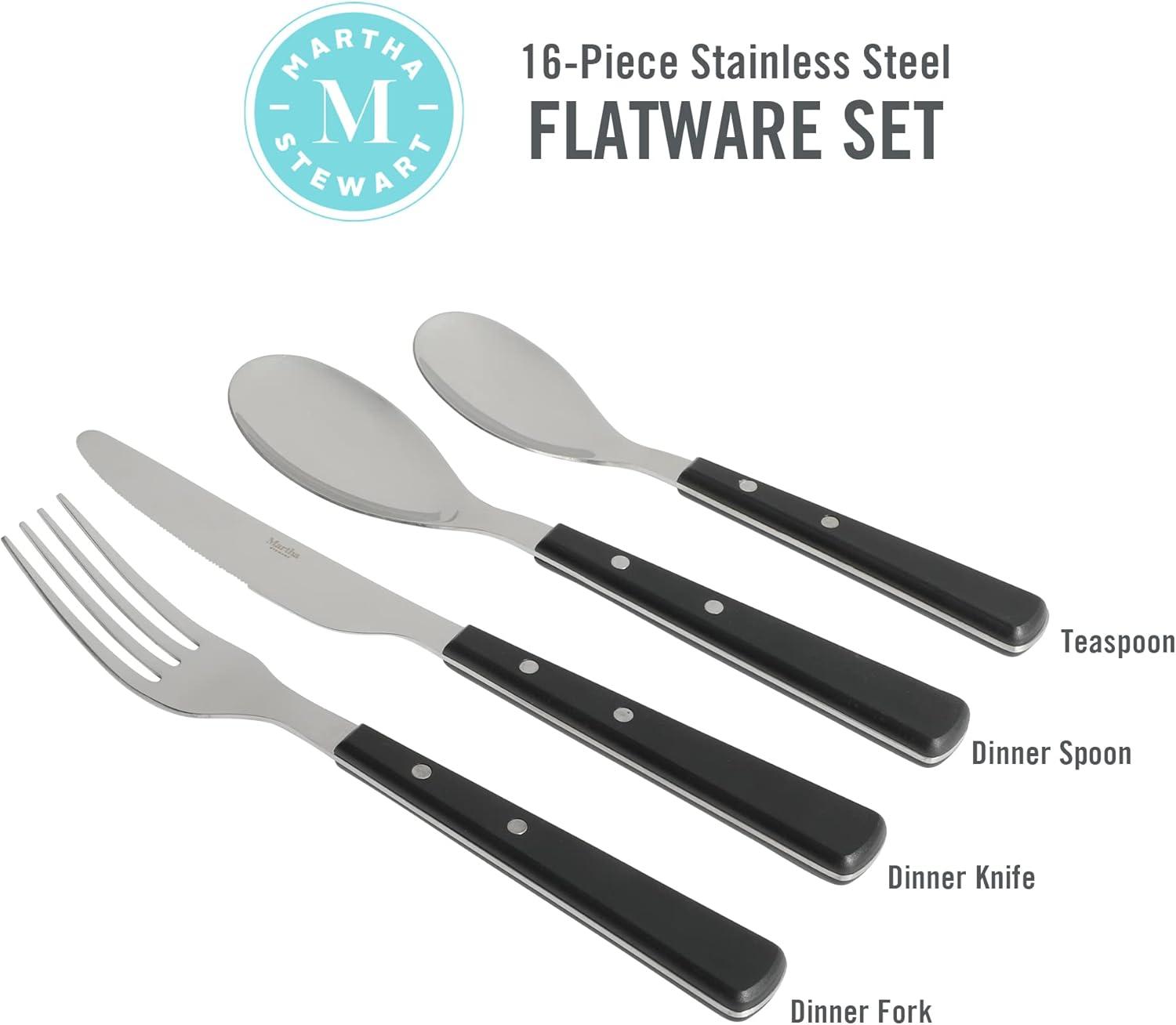 imageMartha Stewart Watercliffe 16 pc Flatware Set Stainless Steel wABS Handle Warm GreyWatercliffe Black