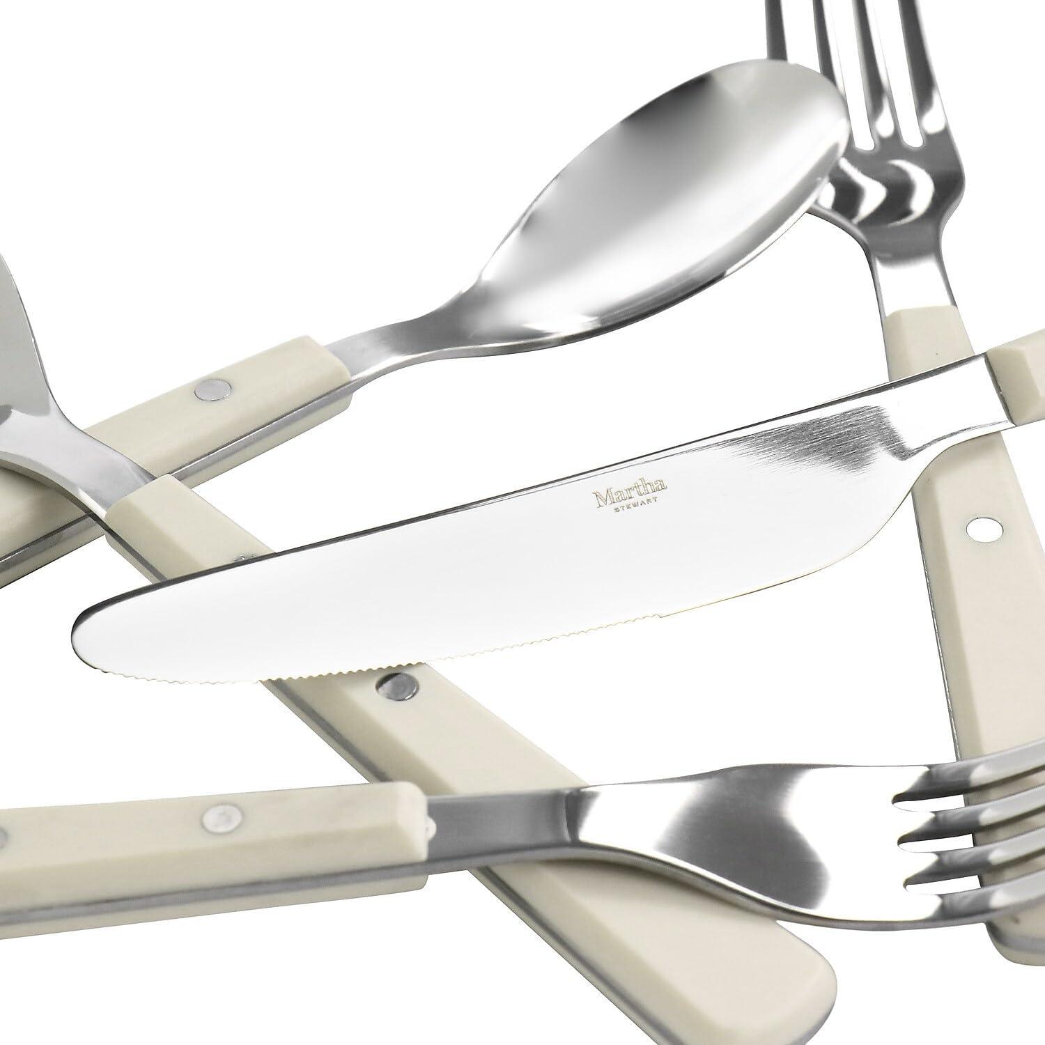 imageMartha Stewart Watercliffe 16 pc Flatware Set Stainless Steel wABS Handle Warm GreyWatercliffe Linen
