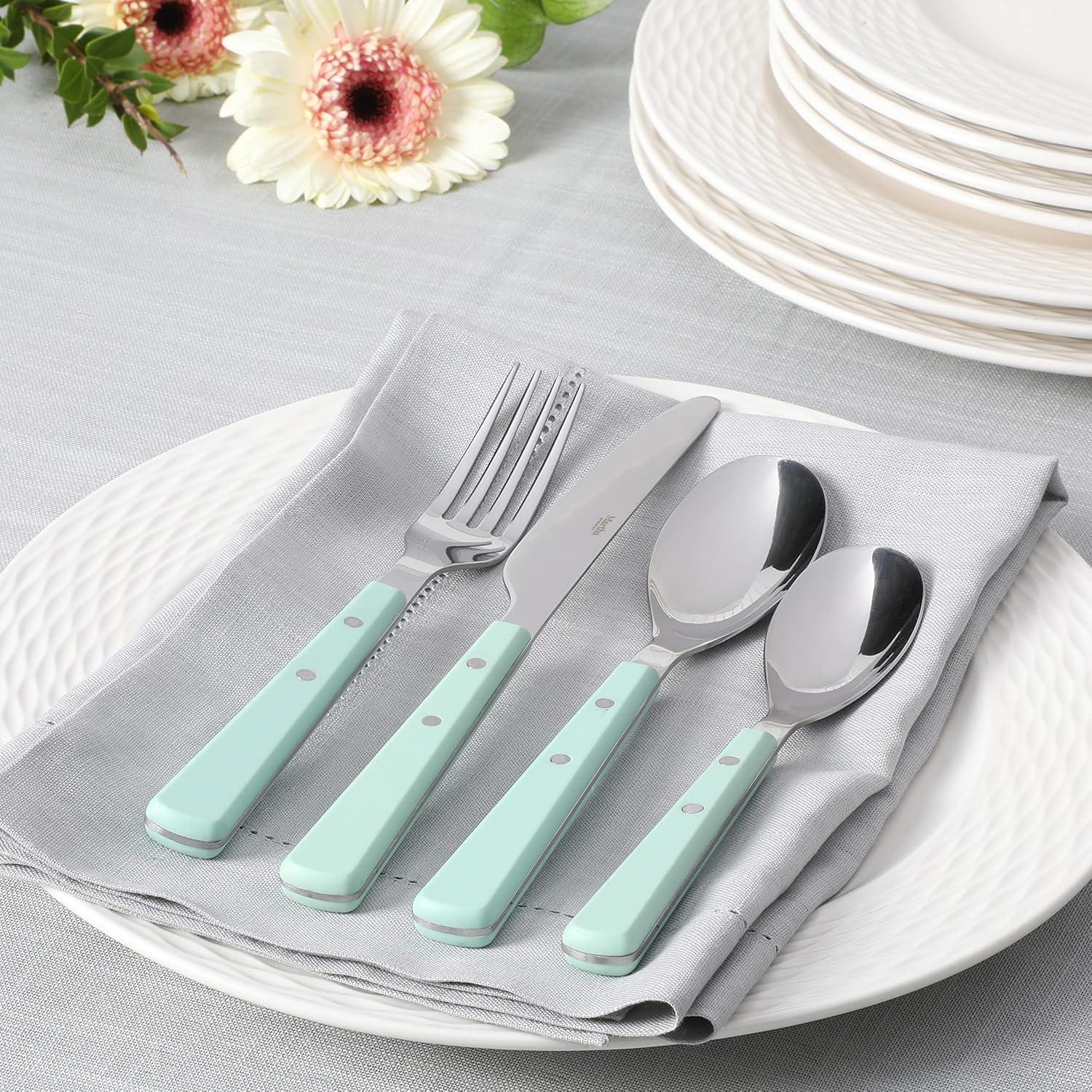 imageMartha Stewart Watercliffe 16 pc Flatware Set Stainless Steel wABS Handle Warm GreyWatercliffe Martha Blue
