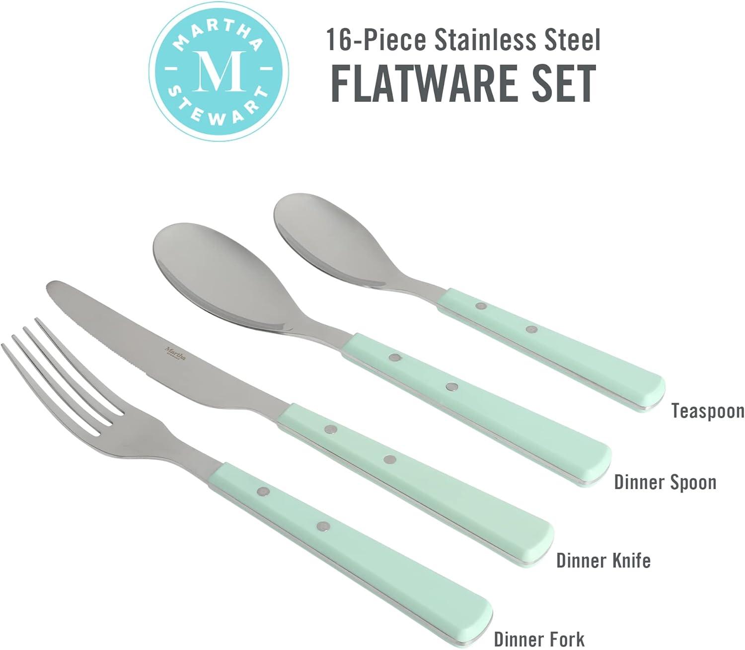 imageMartha Stewart Watercliffe 16 pc Flatware Set Stainless Steel wABS Handle Warm GreyWatercliffe Martha Blue