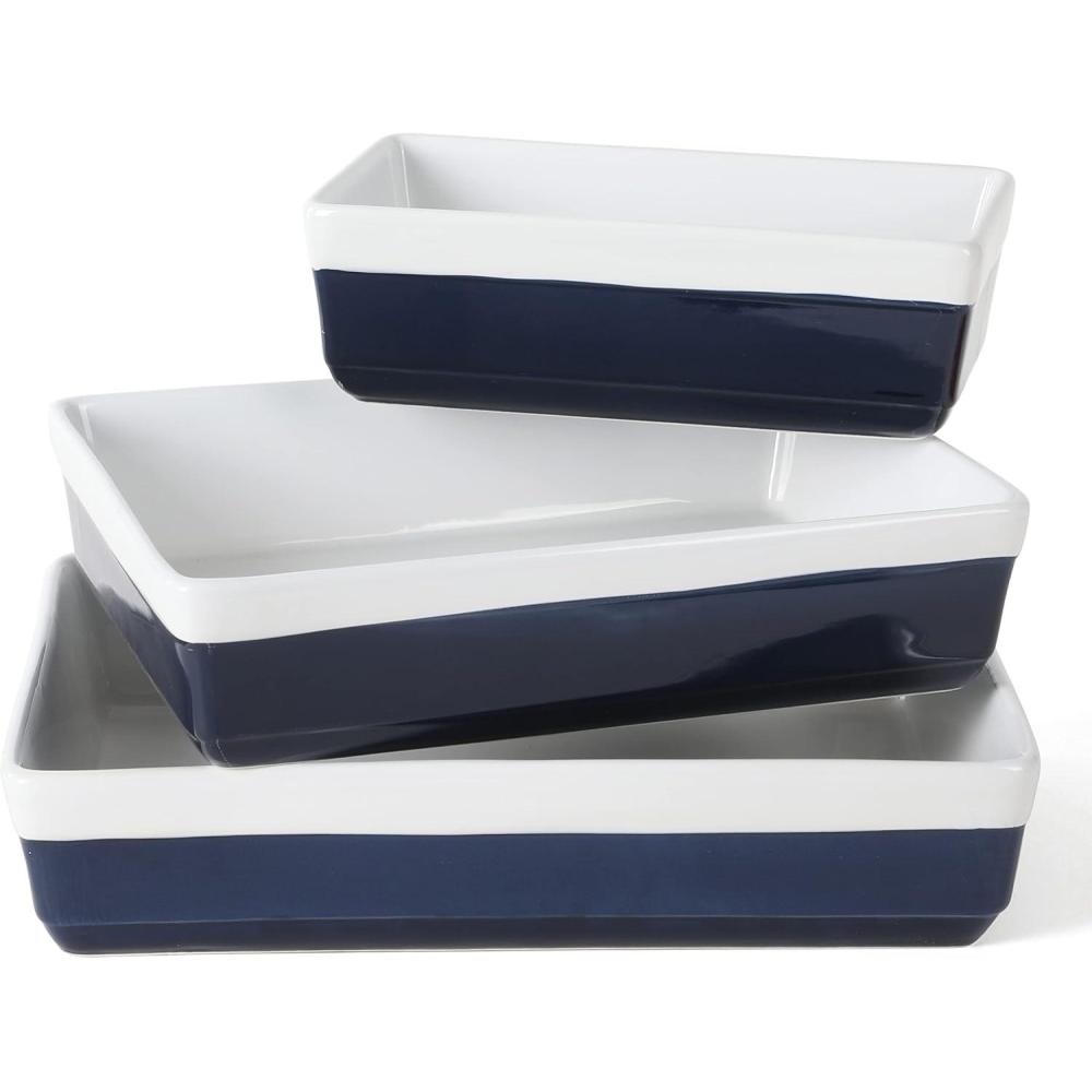 imageMARTHA STEWART 3Piece Oven to Table Stoneware Bakeware Set Baking Dish amp Casserole Set Red Durable OvenSafe Bakeware for Baking and ServingCobalt Blue