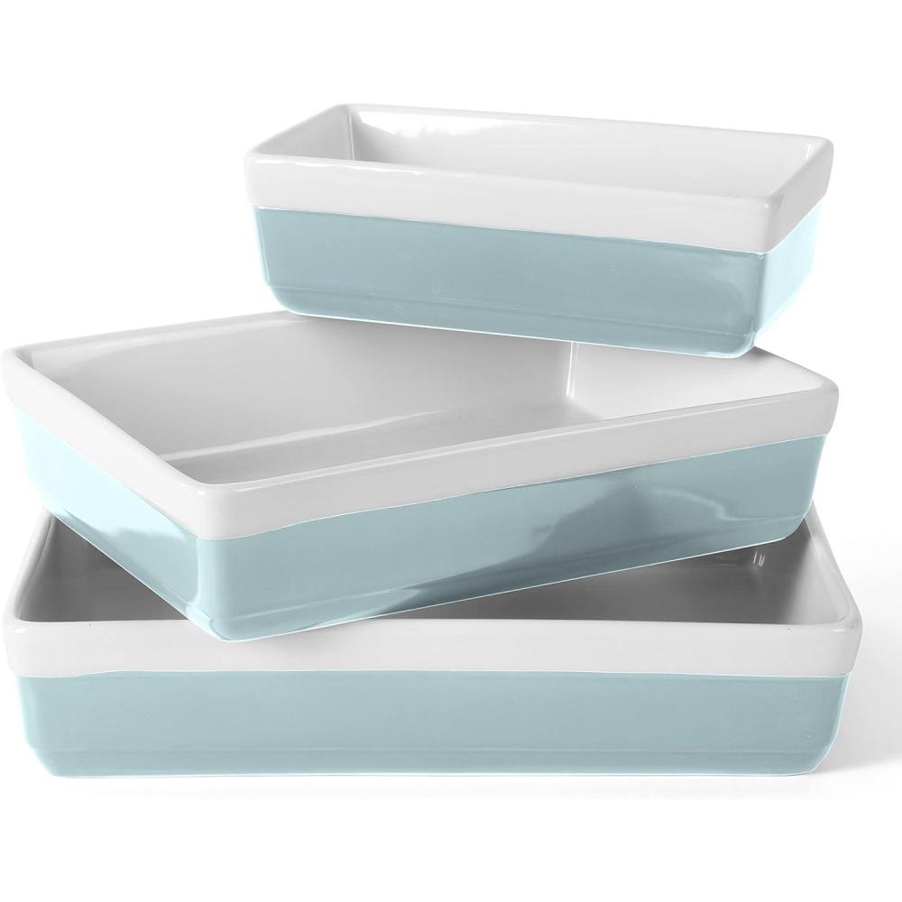 imageMARTHA STEWART 3Piece Oven to Table Stoneware Bakeware Set Baking Dish amp Casserole Set Red Durable OvenSafe Bakeware for Baking and ServingDusty Blue