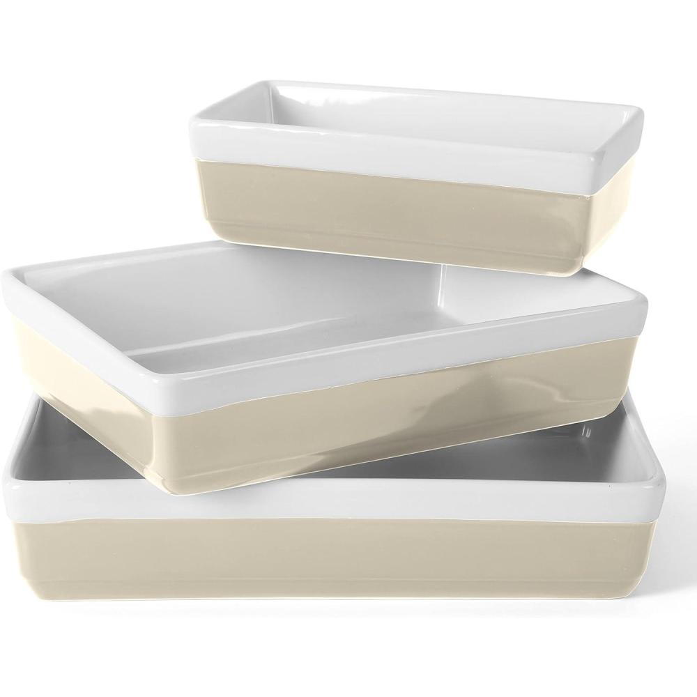 imageMARTHA STEWART 3Piece Oven to Table Stoneware Bakeware Set Baking Dish amp Casserole Set Red Durable OvenSafe Bakeware for Baking and ServingGrey