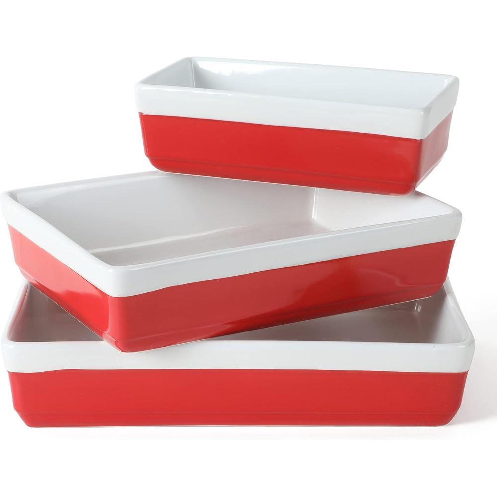 imageMARTHA STEWART 3Piece Oven to Table Stoneware Bakeware Set Baking Dish amp Casserole Set Red Durable OvenSafe Bakeware for Baking and ServingRed