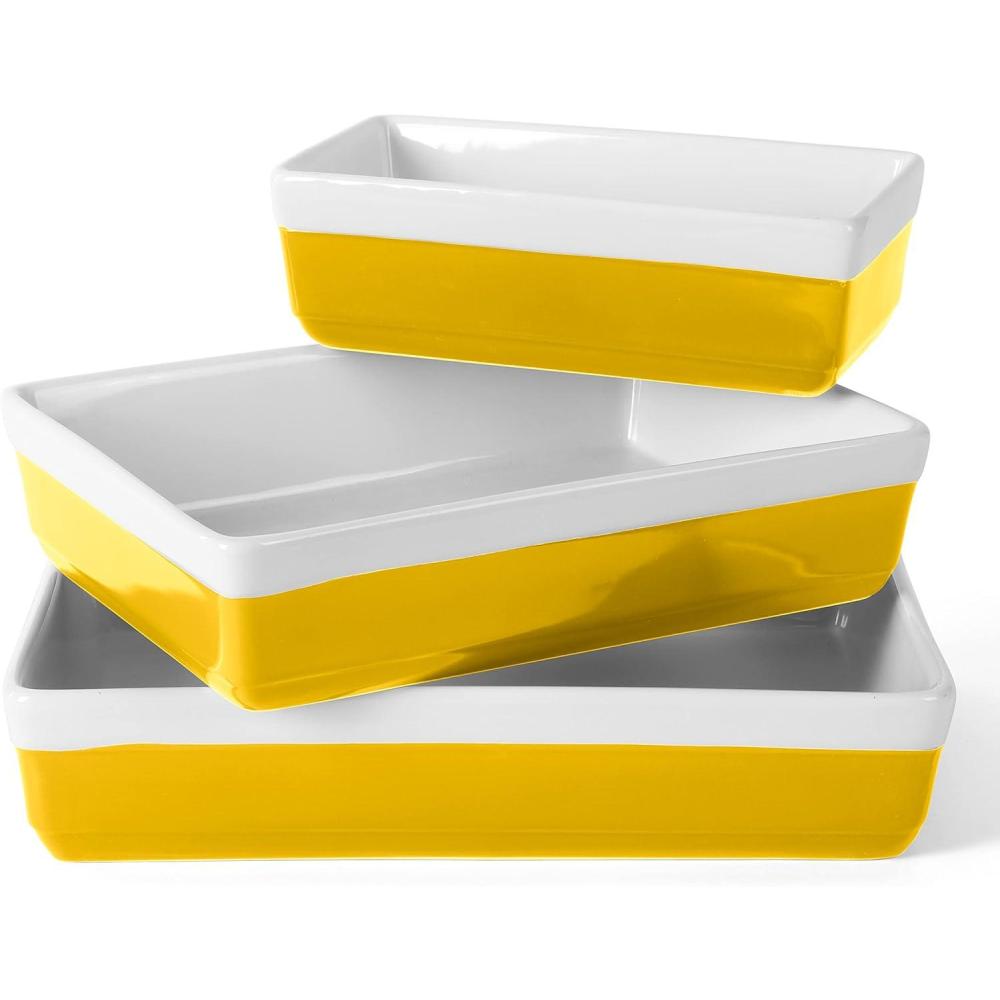 imageMARTHA STEWART 3Piece Oven to Table Stoneware Bakeware Set Baking Dish amp Casserole Set Red Durable OvenSafe Bakeware for Baking and ServingYellow