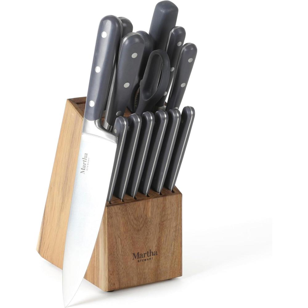 imageMARTHA STEWART Eastwalk 14 Piece High Carbon Stainless Steel Cutlery Kitchen Knife Block Set wABS Triple Riveted Forged Handle Acacia Wood Block Linen WhiteGray