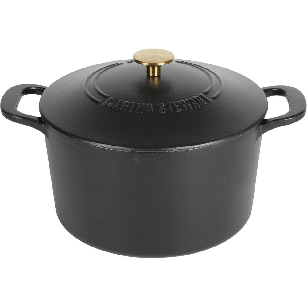 imageMARTHA STEWART Gatwick 7Quart Enamel Cast Iron Dutch Oven Martha Blue Durable HeavyDuty Dutch Oven for Slow Cooking Braising amp BakingBlack Matte