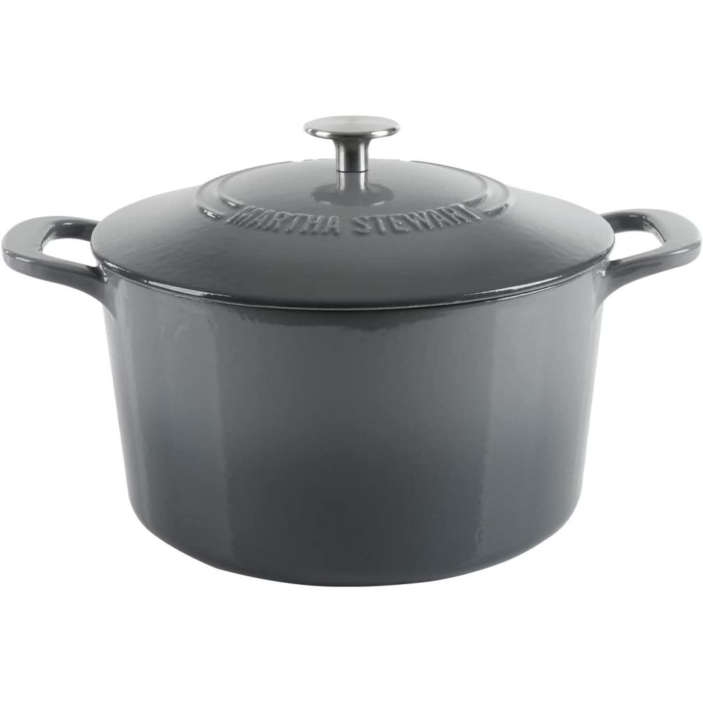 imageMARTHA STEWART Gatwick 7Quart Enamel Cast Iron Dutch Oven Martha Blue Durable HeavyDuty Dutch Oven for Slow Cooking Braising amp BakingClassic Gray