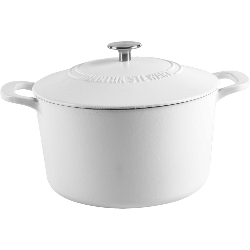 imageMARTHA STEWART Gatwick 7Quart Enamel Cast Iron Dutch Oven Martha Blue Durable HeavyDuty Dutch Oven for Slow Cooking Braising amp BakingWhite Matte