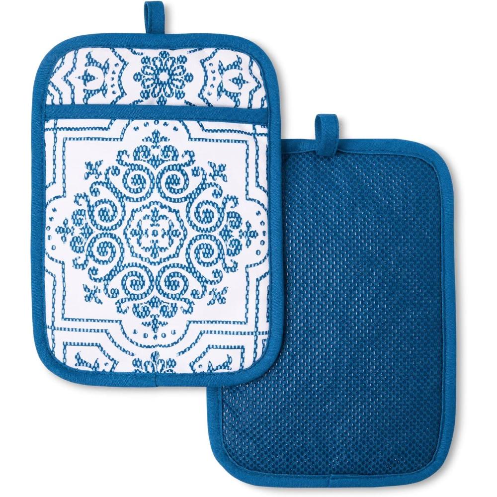 imageMARTHA STEWART Strie Medallion Pot Holder 2Pack Set Heat Resistant NonSlip Silicone Grip Navy Blue 7x10