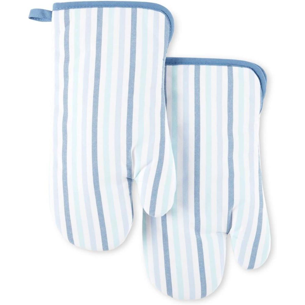 imageMartha Stewart Daisy Stripe Oven Mitt Set 2Pack BeigeBrown 7x13Blue