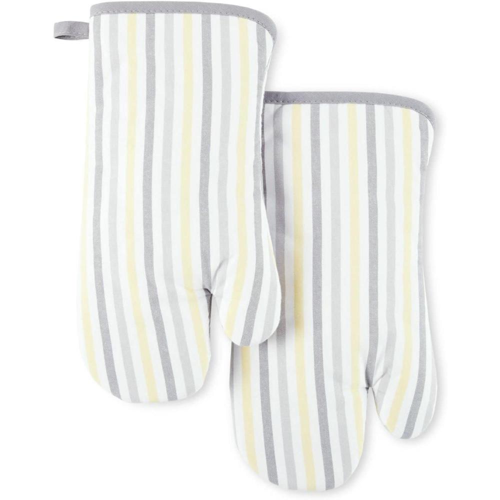 imageMartha Stewart Daisy Stripe Oven Mitt Set 2Pack BeigeBrown 7x13GreyYellow