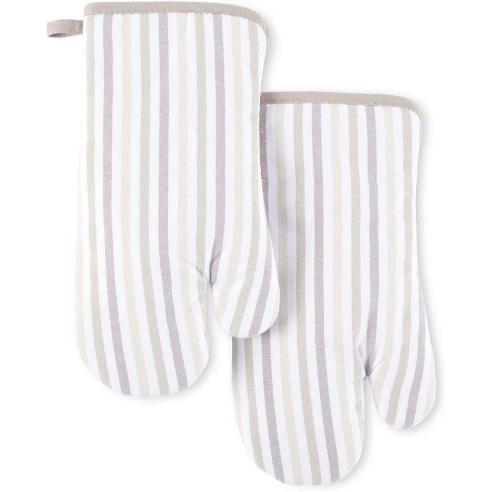 imageMartha Stewart Daisy Stripe Oven Mitt Set 2Pack BeigeBrown 7x13Linen