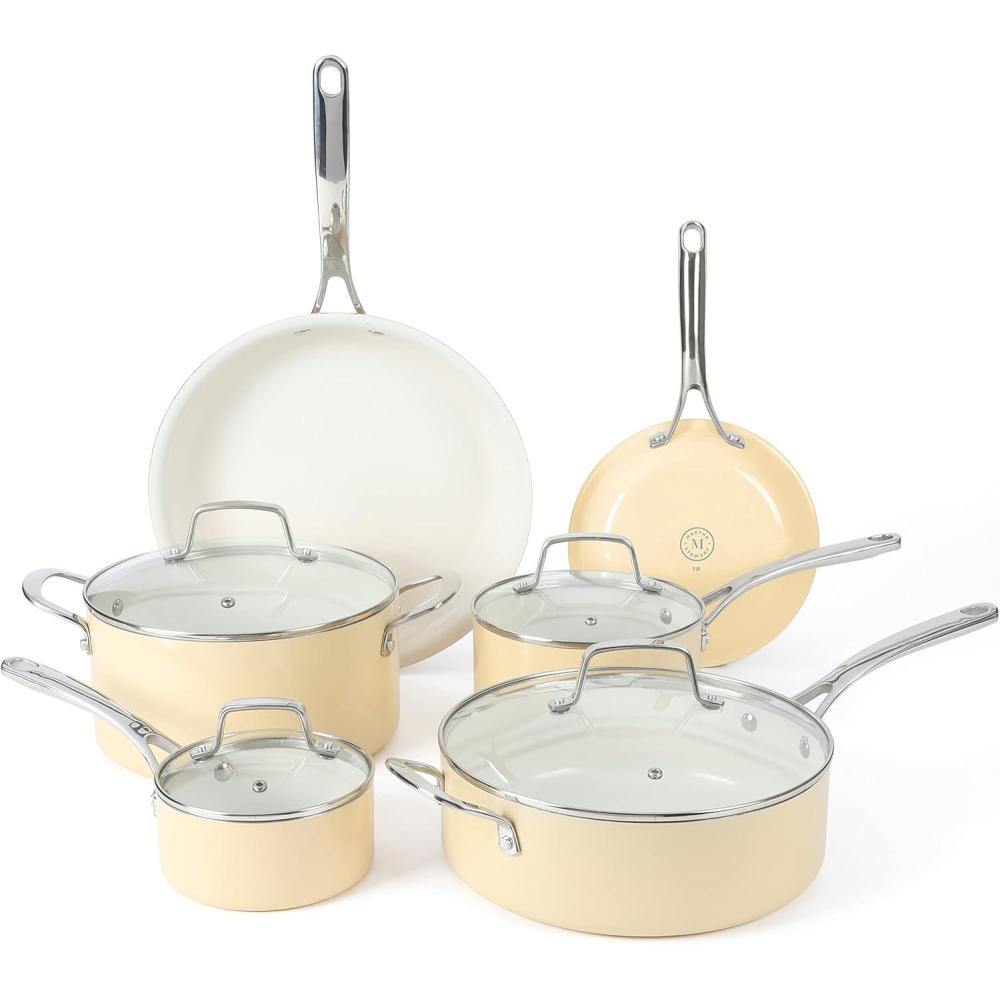 imageMartha Stewart Lockton Premium Nonstick 10 Piece Enamel Heavy Gauge Aluminum Pots and Pans Cookware Set Linen WhiteButter Cream