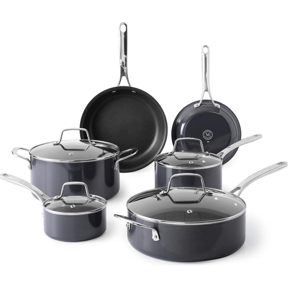 imageMartha Stewart Lockton Premium Nonstick 10 Piece Enamel Heavy Gauge Aluminum Pots and Pans Cookware Set Linen WhiteGray