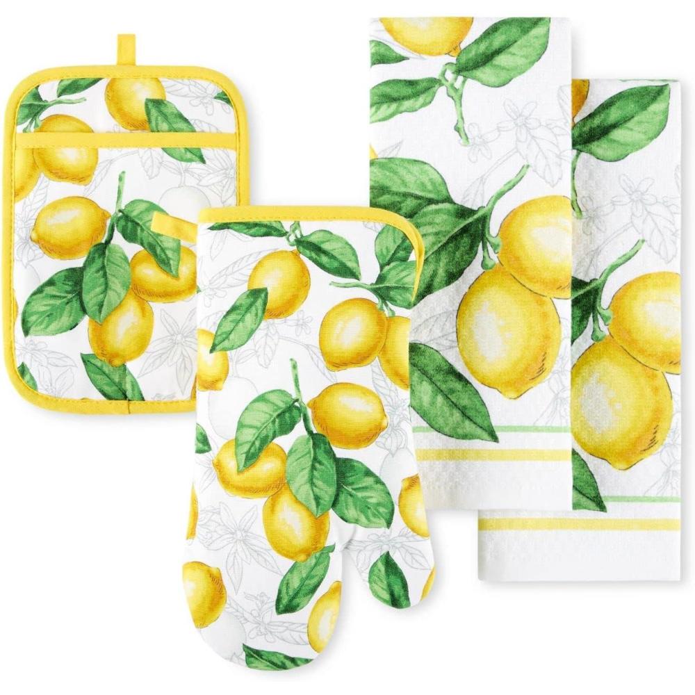 imageMartha Stewart Lots of Lemons Modern Kitchen Towel Oven Mitt amp Potholder Set 4Pack WhiteYellow