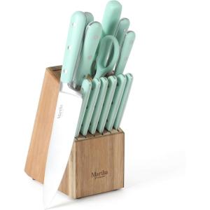 MARTHA STEWART Eastwalk 14 Piece High Carbon Stainless Steel Cutlery Kitchen Knife Block Set w/ABS Triple Riveted Forged Handle Acacia Wood Block – Linen White(Martha Blue)