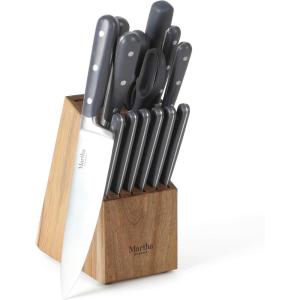 MARTHA STEWART Eastwalk 14 Piece High Carbon Stainless Steel Cutlery Kitchen Knife Block Set w/ABS Triple Riveted Forged Handle Acacia Wood Block – Linen White(Gray)