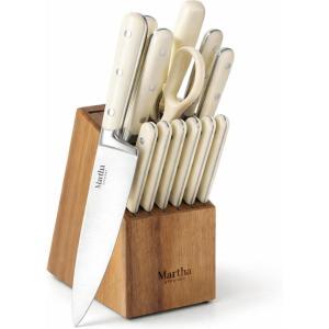 MARTHA STEWART Eastwalk 14 Piece High Carbon Stainless Steel Cutlery Kitchen Knife Block Set w/ABS Triple Riveted Forged Handle Acacia Wood Block – Linen White(Linen)