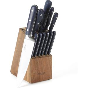 MARTHA STEWART Eastwalk 14 Piece High Carbon Stainless Steel Cutlery Kitchen Knife Block Set w/ABS Triple Riveted Forged Handle Acacia Wood Block – Linen White(Navy Blue)