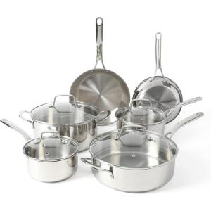 Martha Stewart Castelle 10 Piece 18/8 Durable Stainless Steel Induction Safe Non-Toxic Triply Bottom Kitchen Pots and Pans Cookware Set – Dishwasher Safe(Stainless Steel)