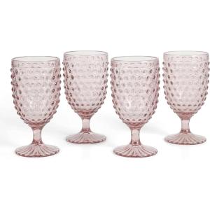 Martha Stewart Chauncey 4-Pack 14.2 oz Hobnail Handmade Glass Goblet – Pink(Pink (Hobnail))