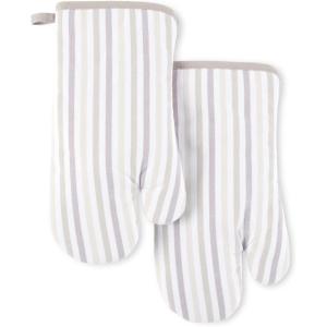 Martha Stewart Daisy Stripe Oven Mitt Set 2-Pack, Beige/Brown, 7″x13″(Linen)