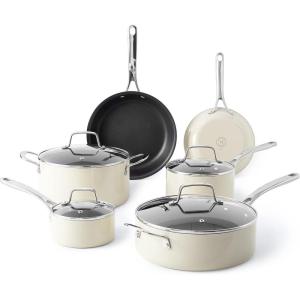 Martha Stewart Lockton Premium Nonstick 10 Piece Enamel Heavy Gauge Aluminum Pots and Pans Cookware Set – Linen White(Linen)