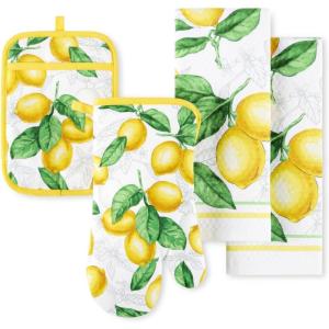 Martha Stewart Lots of Lemons Modern Kitchen Towel, Oven Mitt & Potholder Set, 4-Pack, White-Yellow