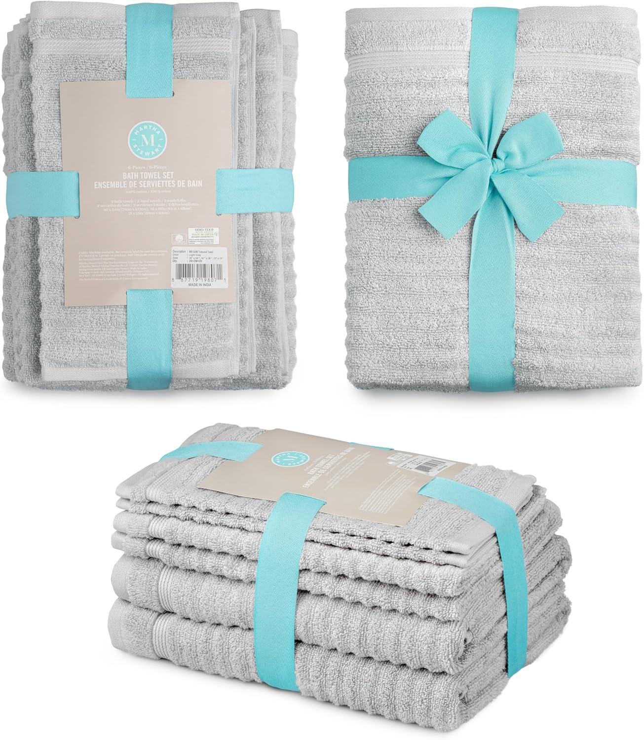 imageMartha Stewart Bath Towels Soft amp Absorbent 100 Cotton Towels Solid 500 GSM 6Piece Bathroom Towel Set with Textured Weave Bedford Cottage BlueTextured Light Grey