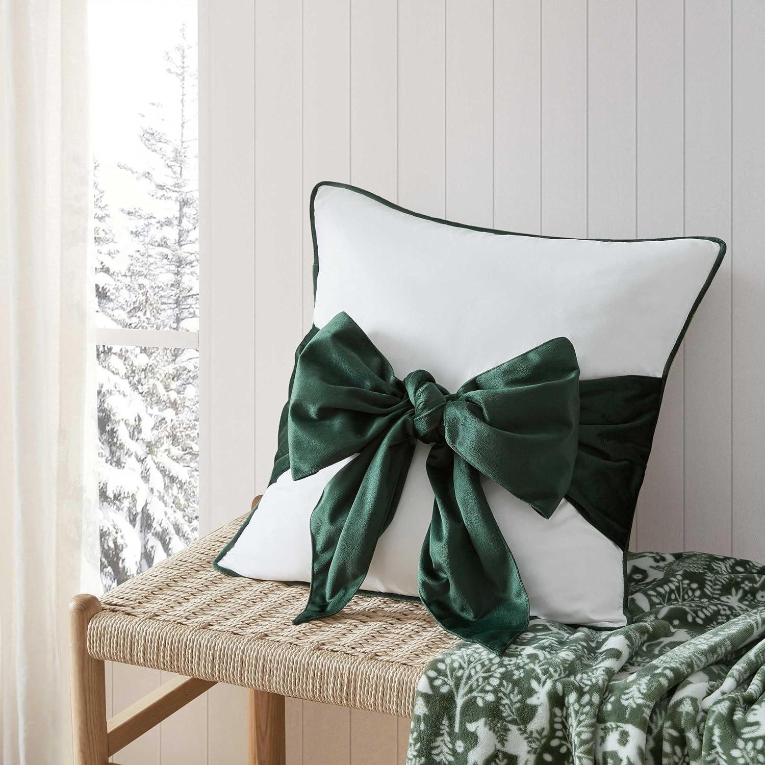 imageMartha Stewart Decorative Pillow Square Throw Pillow with Hidden Zipper Closure Oversized Accent Cushion for Bed or Couch Bedford Bow Green 20 x 20Bedford Bow Green