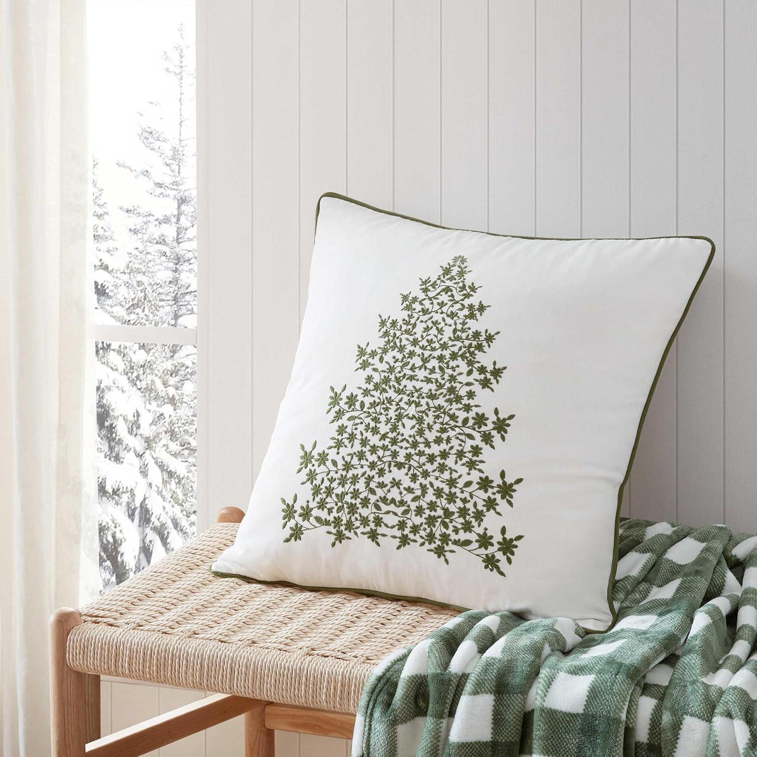 imageMartha Stewart Decorative Pillow Square Throw Pillow with Hidden Zipper Closure Oversized Accent Cushion for Bed or Couch Bedford Bow Green 20 x 20Holiday Tree Green
