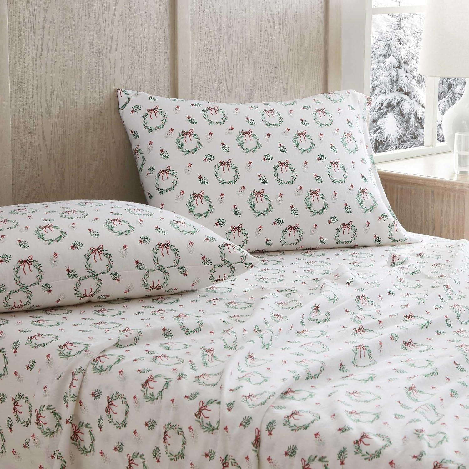imageMartha Stewart Flannel Sheets Twin Size AntiPilling amp Wrinkle Resistant Cotton Touchably Soft for AllSeason Comfort Bed Sheets with Matching Pillowcase amp Fitted Sheet Ski Village GreenWreaths Mistletoe Green