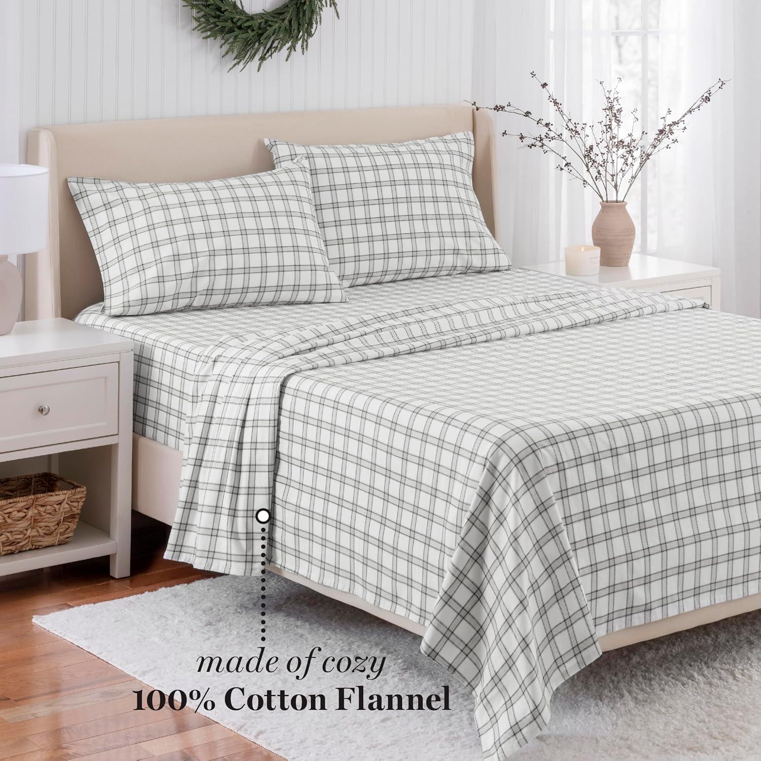 imageMartha Stewart Flannel Sheets Twin Size AntiPilling amp Wrinkle Resistant Cotton Touchably Soft for AllSeason Comfort Bed Sheets with Matching Pillowcase amp Fitted Sheet Ski Village GreenHoliday Windowpane Plaid WhiteGrey
