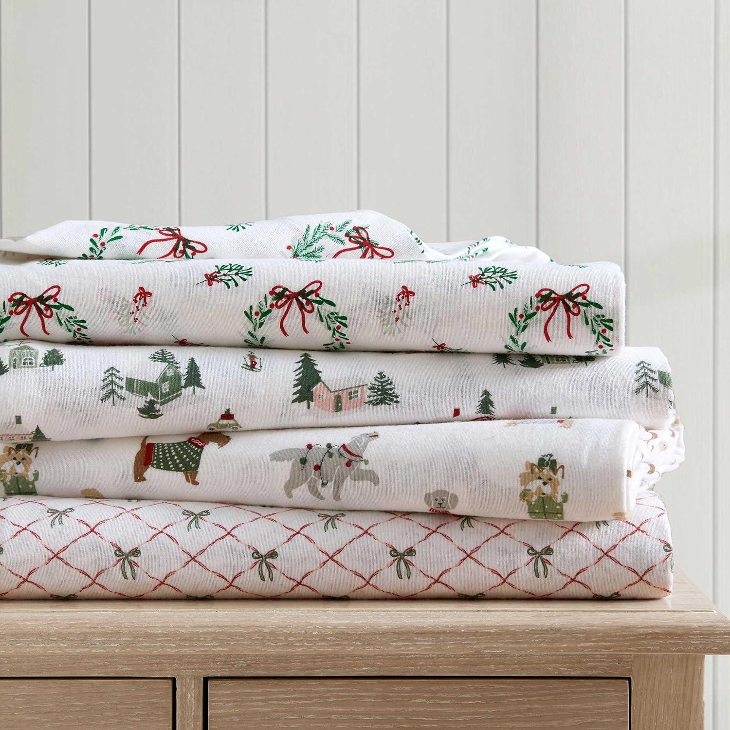 imageMartha Stewart Flannel Sheets Twin Size AntiPilling amp Wrinkle Resistant Cotton Touchably Soft for AllSeason Comfort Bed Sheets with Matching Pillowcase amp Fitted Sheet Ski Village GreenHoliday Pups Brown