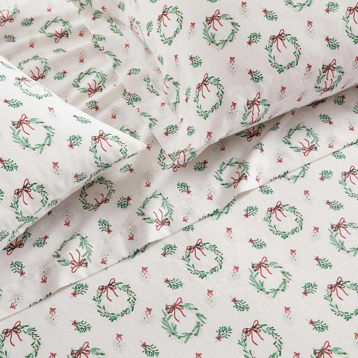 imageMartha Stewart Flannel Sheets Twin Size AntiPilling amp Wrinkle Resistant Cotton Touchably Soft for AllSeason Comfort Bed Sheets with Matching Pillowcase amp Fitted Sheet Ski Village GreenWreaths Mistletoe Green