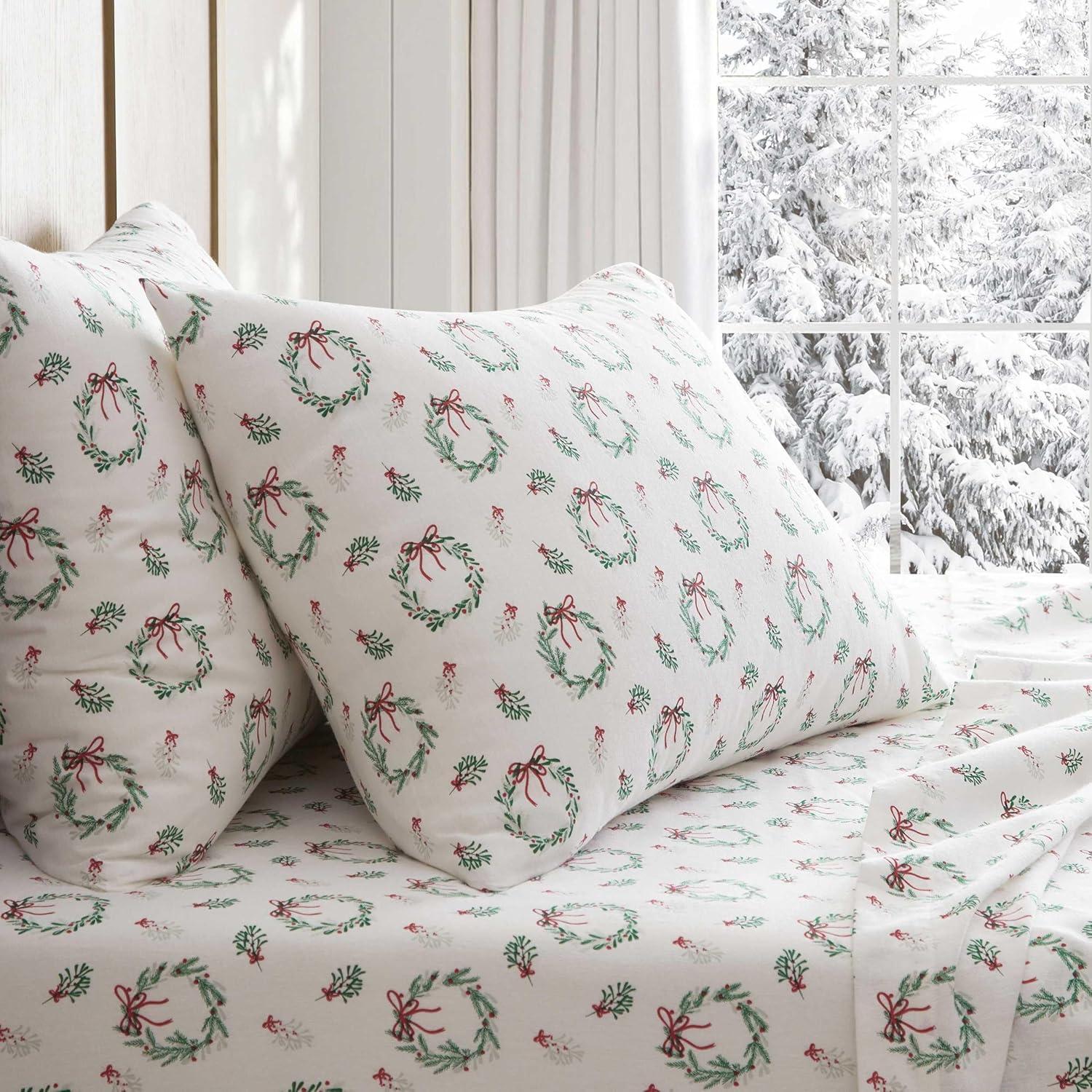 imageMartha Stewart Flannel Sheets Twin Size AntiPilling amp Wrinkle Resistant Cotton Touchably Soft for AllSeason Comfort Bed Sheets with Matching Pillowcase amp Fitted Sheet Ski Village GreenWreaths Mistletoe Green