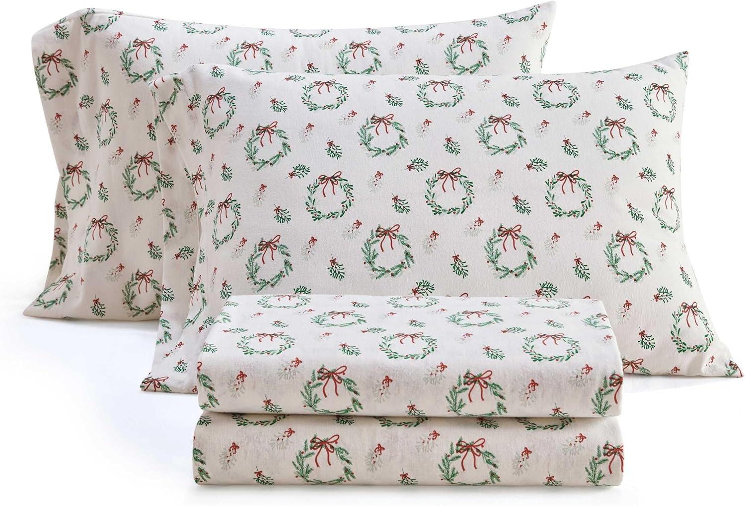 imageMartha Stewart Flannel Sheets Twin Size AntiPilling amp Wrinkle Resistant Cotton Touchably Soft for AllSeason Comfort Bed Sheets with Matching Pillowcase amp Fitted Sheet Ski Village GreenWreaths Mistletoe Green
