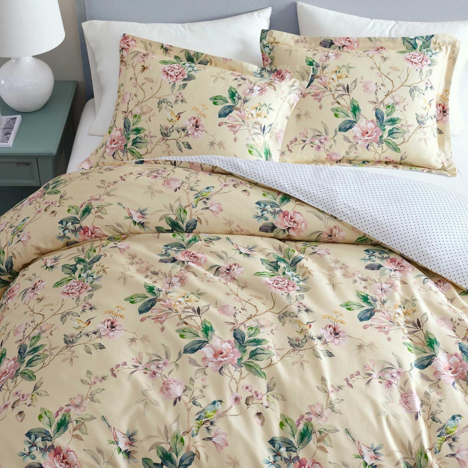 imageMartha Stewart Queen Comforter Set 100 Silky Smooth Cotton Sateen Floral Bedding for Year Round Comfort 3 Piece Bed Set with Matching Pillowcases Tea Rose PinkSongbird Yellow
