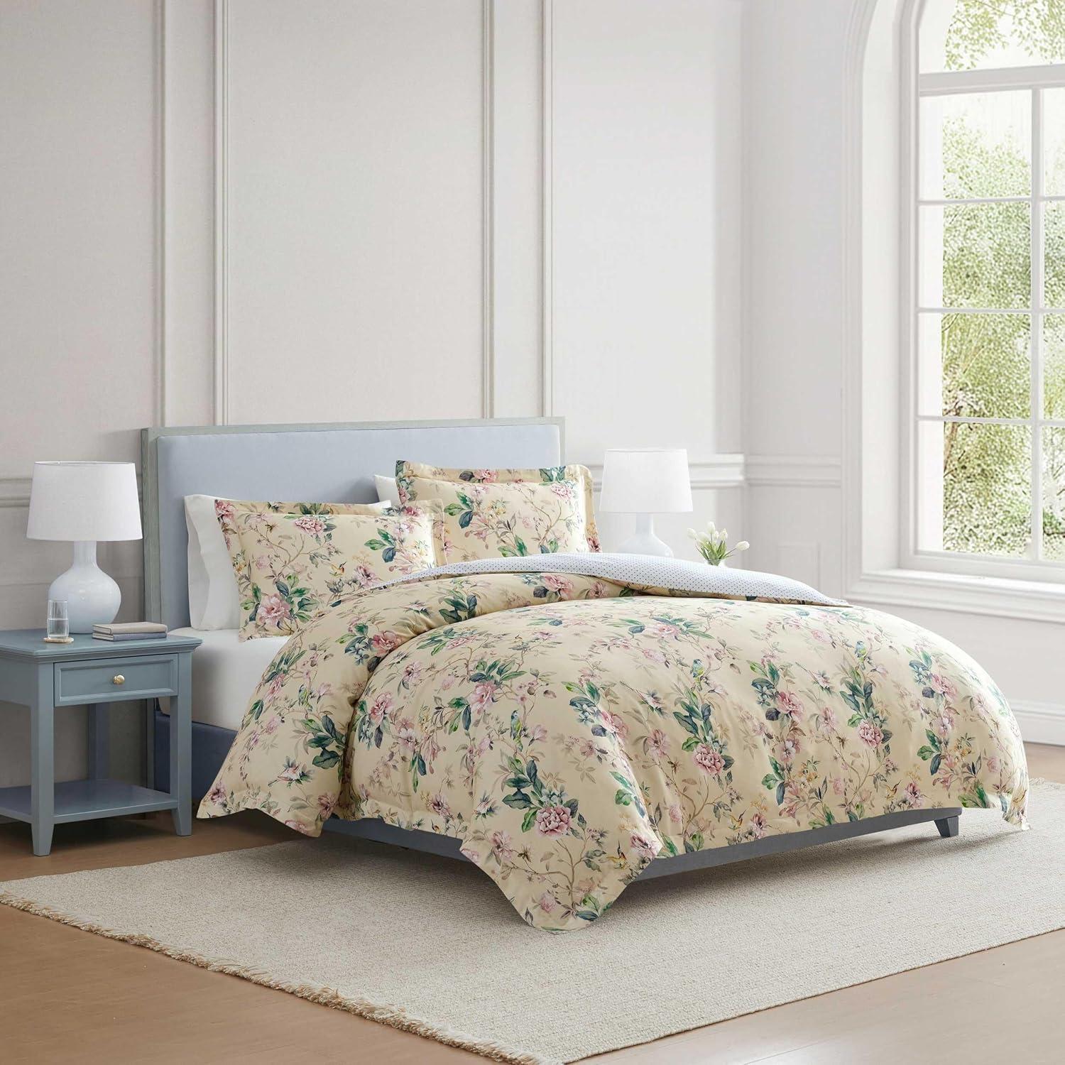 imageMartha Stewart Queen Comforter Set 100 Silky Smooth Cotton Sateen Floral Bedding for Year Round Comfort 3 Piece Bed Set with Matching Pillowcases Tea Rose PinkSongbird Yellow