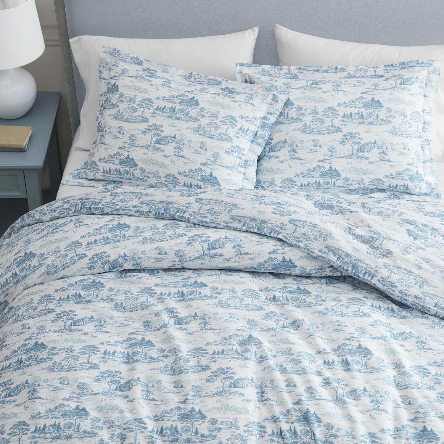 imageMartha Stewart Queen Comforter Set 100 Silky Smooth Cotton Sateen Floral Bedding for Year Round Comfort 3 Piece Bed Set with Matching Pillowcases Tea Rose PinkFarmhouse Toile Blue