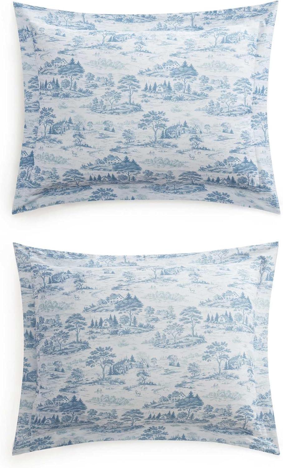 imageMartha Stewart Queen Comforter Set 100 Silky Smooth Cotton Sateen Floral Bedding for Year Round Comfort 3 Piece Bed Set with Matching Pillowcases Tea Rose PinkFarmhouse Toile Blue