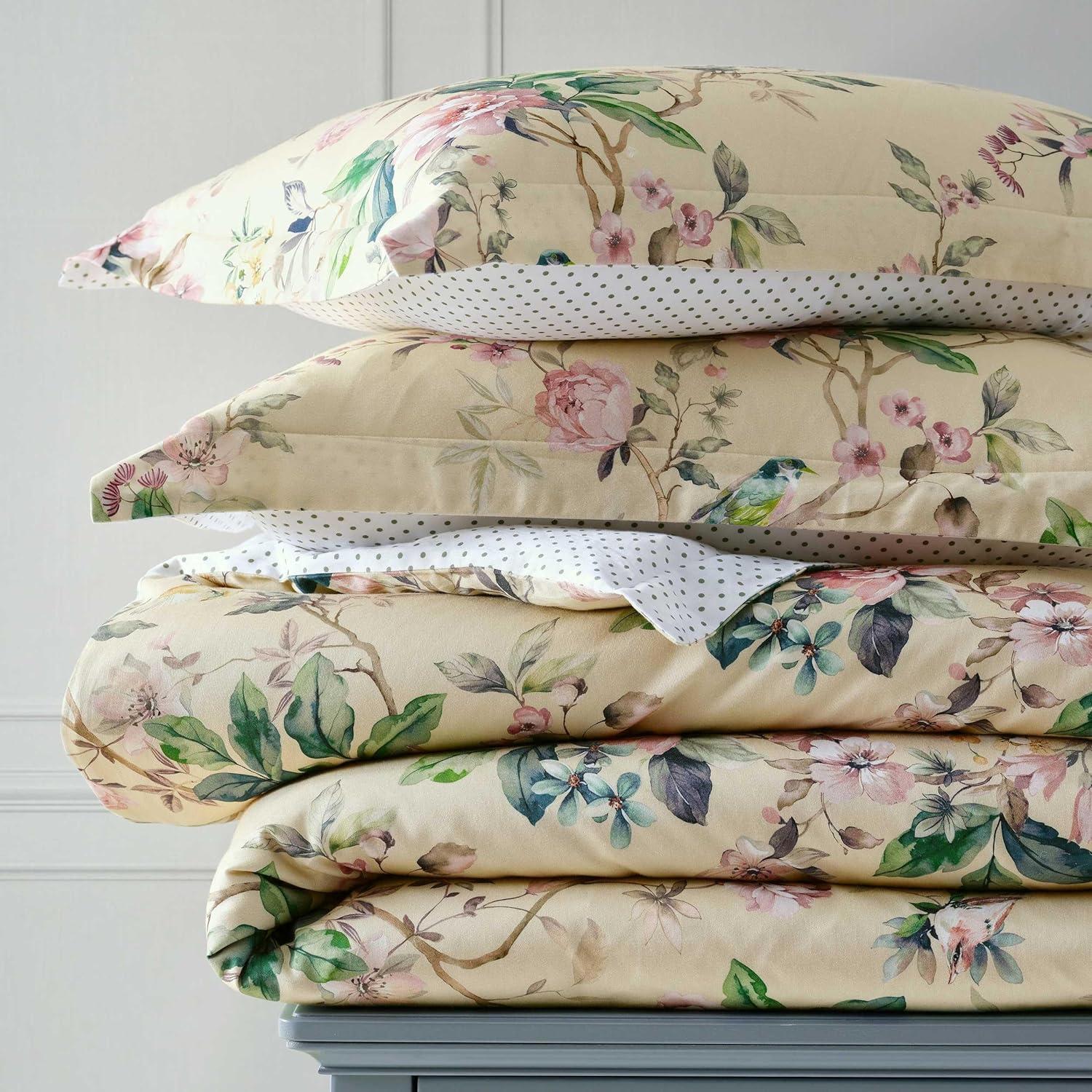 imageMartha Stewart Queen Comforter Set 100 Silky Smooth Cotton Sateen Floral Bedding for Year Round Comfort 3 Piece Bed Set with Matching Pillowcases Tea Rose PinkSongbird Yellow