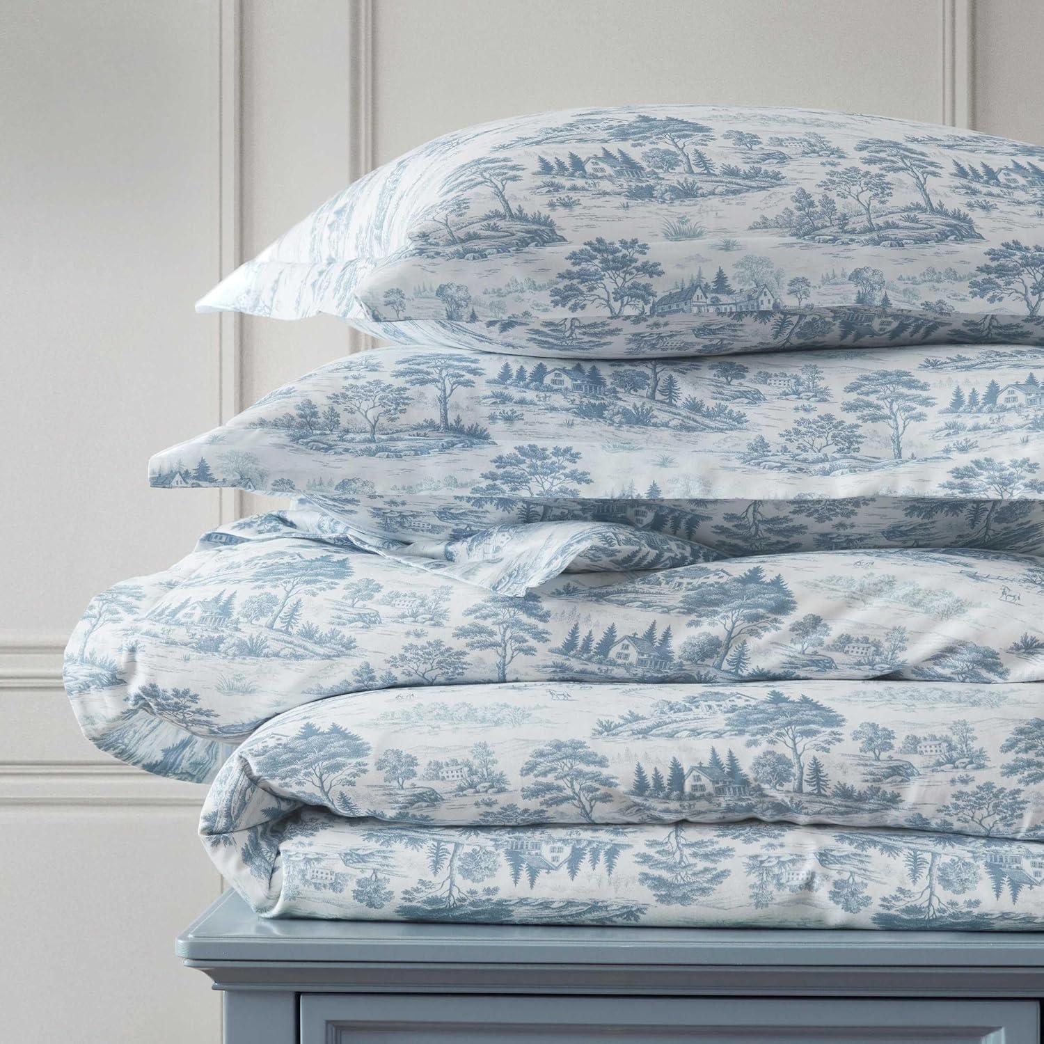 imageMartha Stewart Queen Comforter Set 100 Silky Smooth Cotton Sateen Floral Bedding for Year Round Comfort 3 Piece Bed Set with Matching Pillowcases Tea Rose PinkFarmhouse Toile Blue