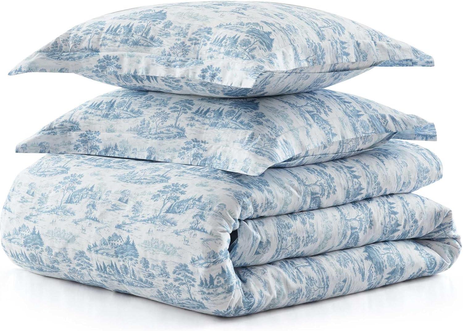 imageMartha Stewart Queen Comforter Set 100 Silky Smooth Cotton Sateen Floral Bedding for Year Round Comfort 3 Piece Bed Set with Matching Pillowcases Tea Rose PinkFarmhouse Toile Blue