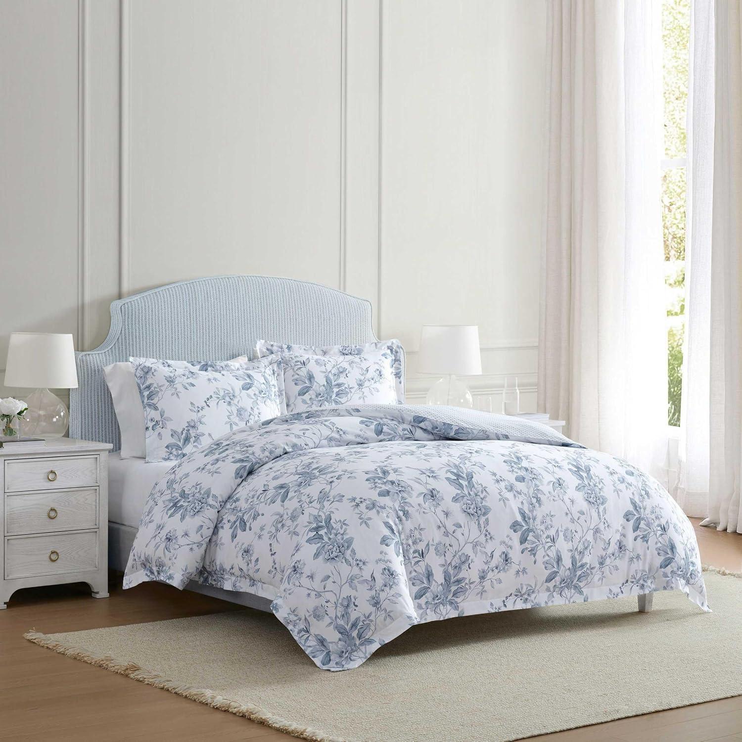 imageMartha Stewart Queen Comforter Set 100 Silky Smooth Cotton Sateen Floral Bedding for Year Round Comfort 3 Piece Bed Set with Matching Pillowcases Tea Rose PinkSongbird Blue