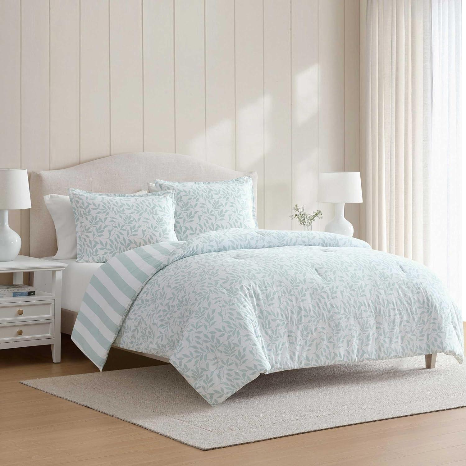 imageMartha Stewart Queen Comforter Set Naturally Soft CottonRich Jacquard Bedding wMatching Pillowcases Textured 3 Piece Bed Set Garden Trellis WhiteCopper Vines Blue