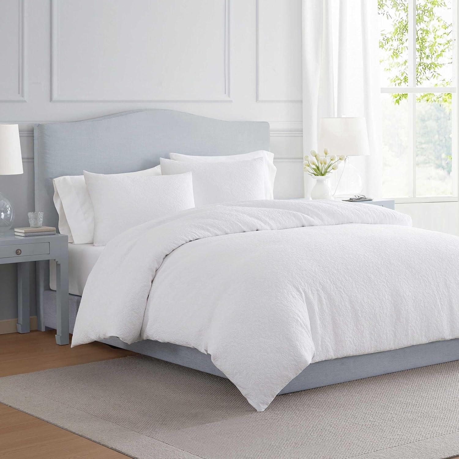 imageMartha Stewart Queen Comforter Set Naturally Soft CottonRich Jacquard Bedding wMatching Pillowcases Textured 3 Piece Bed Set Garden Trellis WhiteGarden Trellis White