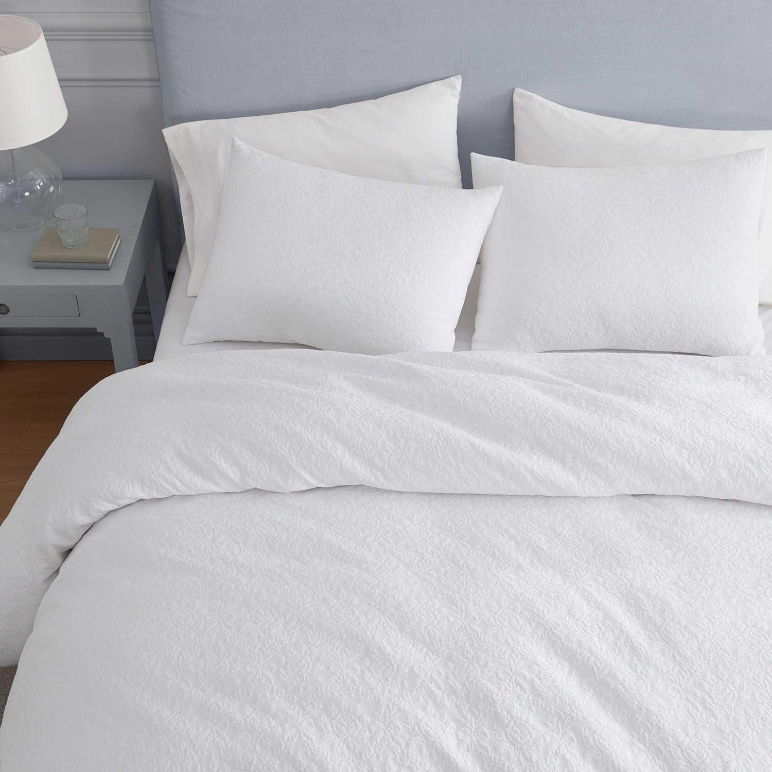 imageMartha Stewart Queen Comforter Set Naturally Soft CottonRich Jacquard Bedding wMatching Pillowcases Textured 3 Piece Bed Set Garden Trellis WhiteGarden Trellis White